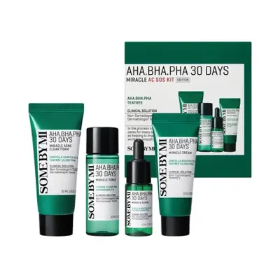 Some By Mi 30 Days AHA-BHA-PHA Miracle AC SOS Kit 4 pcs (Deze set bevat:1x 30ml Acne Clear Foam1x 30ml Toner1x 20ml Cream1x 10ml Serum)